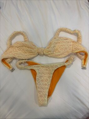 SHEIN Cream Lace Overlay Orange Lined Bikini Set